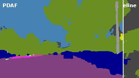 A visual comparison of baseline and PDAF semantic segmentation predictions.